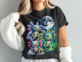 Three Vibrant Axolotl T-Shirt, Magical Salamander Tee, Full Moon Night Sky Graphic, Lightning Fantasy Creature Art, Colorful Amphibian Gift L