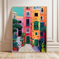 Colorful Cityscape Print Vibrant Boho Statement Art Illustration Poster Coastal Town Folk Art Print Tropical Ocean Landscape Art 21X30CMNo Framed