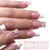 24Pcs Full Cover Square Nail Press On Nail French Tip Designs With Rhinestones And 3D Flower Patterns For Trendsetters 1