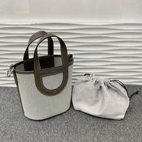 2025 New first-layer cowhide pig nose vegetable basket bag canvas splicing leather bucket bag large-capacity handbag 18*12*19.5cm