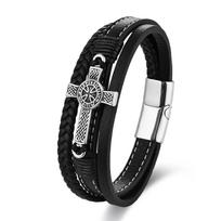 Creative Multi Layer Braided Cross Titanium Steel Leather Bracelet Personality Bangle 19cm*29g