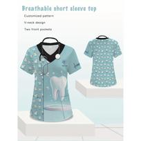 New Surgical Uniform Woman Dentist Printed Pocket Short-Sleeve V-Neck T-Shirt Summer Comfortable Dental Uniforms Women Clothing S white