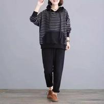 Women Plus Size Hooded Striped Two Piece Set Oversized Loose Long Sleeve Hoodie And Harem Pants Casual Fall Tracksuit M