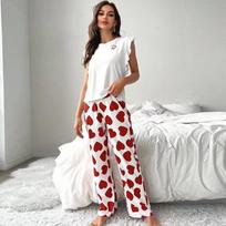 Women's Loose Fit Two-piece Pajama Set Sleeveless Tank Top High Waist Long Pants Heart Print Loungewear Sleepwear S