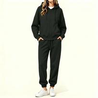 Women's Lined Zip Up Hoodie and Wide Leg Pants Set Casual Loungewear L