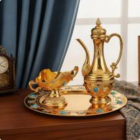 Vintage Teapot Set with Tray Toned Drink Serving Raised Detailing Round Metal Style 2