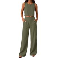 Women's Loose Fit Two Piece Set Sleeveless Round Neck Tank Top High Waist Wide Leg Pants Linen Leisure Suit S