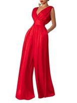 2026 Summer Slim High-Waist V-Neck Plus Size Wide-Leg Jumpsuit Large raudona