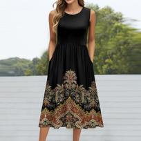 Women's Fashionable Printed Round Neck Sleeveless Casual Pullover Pocket Mid Length Dress XL