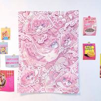 Kawaii Anime Girl Tapestry Sweet Dessert Print Wall Hanging for Bedroom Aesthetic Decor Background Cloth 74x94cm(29x37in)
