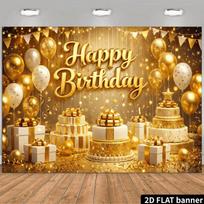 2D Gold Happy Birthday Backdrop Banner Glitter Balloon Cake Party Background Decor 47.2x31.5inch/120*80cm