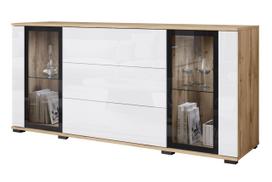 Display cabinet 150 cm with glass panels, Wotan drawers, white gloss fronts