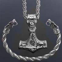 2-piece Set Viking Retro Hammer Pendant Wolf Head Necklace andBracelet Set Scandinavian Norwegian Necklace Amulet Jewelry