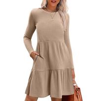 Womens Long Sleeve Dress Casual Knit Crewneck Knee Length Dresses With Pockets XXL