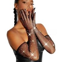Black Mesh Rhinestone Embellished Full Finger Sexy Intimate Accessory Gloves One size