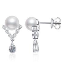 Moissanite Freshwater Pearl Earrings Women V-Shaped Drop Design Sterling 7-8mm Elegant Office Jewelry 925 Sterling Silver