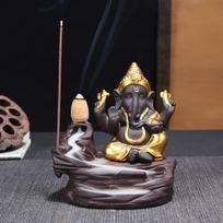„Ganesha Backflow“ smilkalų degiklis „Elephant God“ emblema. Sėkmingas ir sėkmingas keraminis kūgio smilkalų namų dekoro smilkalų laikiklis