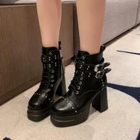Fashion Belt Buckle Rivet Short Boots Side Zip Fashion Round Head Waterproof Platform High Heels Plush Winter Women's Ankle Boots 35-42 35