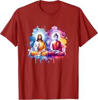 Jesus Christ and Buddha Meditating Graphic Tee Men Casual Short Sleeve Cotton T-Shirt Trip S