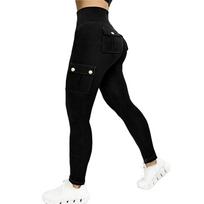 Aukšto juosmens, sėdmenis pakeliančios treniruočių tamprės moterims, slim fit, cargo stiliaus, tamprios sportinės kelnės su kišenėmis fitneso treniruotėms S juoda