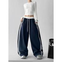 Women's High Waist Wide Leg Sweatpants Loose Fit Workwear Style Striped Color Block Curved Casual Trousers Autumn Street Outfit S