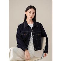 Women's Collar Long Sleeve Denim Jacket Loose Cropped Dark Indigo Spring Casual Outerwear S