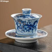 Metal Inlay Blue and White Chinese Dragon Gaiwan Single Ceramic Kungfu Tea Set Tea Making Bowl Three Parts 45-150ml