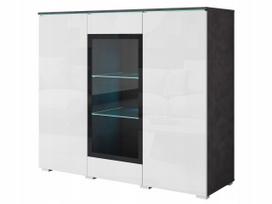 High display cabinet 120 cm for the living room, 3-door, with matera glass, white gloss