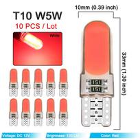 10 PCS T10 W5W LED Bulbs COB 12V 7500K White Car Wedge Side Signal Lights Interior Door Dome Trunk License Plate Lamps Silicone T10