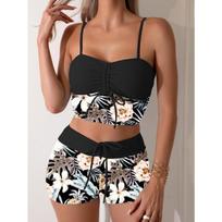 New printed drawstring high waist shorts sexy bikini swimsuit swimsuit women S