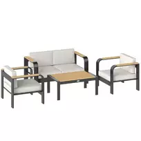 Aliuminio lauko baldų komplektas 4 žmonėms, atsparus vandeniui, itin gilios, su 2 vietų sofa, 2 foteliais ir staliuku