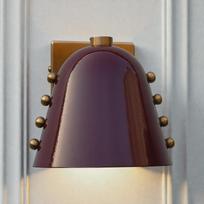 Mid-Century Modern Brass Wall Sconce Wine Red Cone Shade With Rivet Lighting 5'' , 6'' , 7''