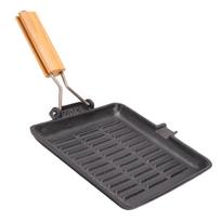 20cm Steak Grill Pan Uncoated Anti Stick Cast Iron Grill Skillet with Wood Handle for Gas Stoves Induction Cooktops L