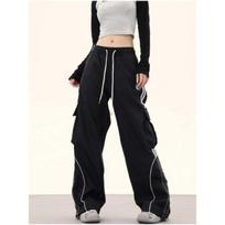 Women's High Waist Wide Leg Pants Loose Fit Cargo Trousers Striped Contrast Spring American Streetwear Hip Hop Straight Pants S