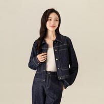 Women's Lapel Long Sleeve Cropped Denim Jacket Loose Fit Vintage Dark Blue Short Denim Outerwear S