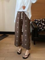 Women's Elastic Waist Wide Leg Pants Loose Fit Floral Embroidered Tencel Linen Nine Point Summer Casual Walking Trousers S
