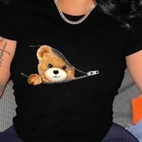 Bear Graphic Print T-shirt Short Sleeve Crew Neck Casual Top For Summer Women's Clothing Kawaii Female Tee Harajuku T-shirts M