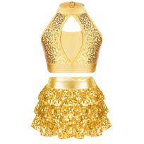 Girls Dance Stage Outfit Sleeveless Mock Neck Sequin Crop Top with Ruffle Skirted Shorts 5-6 Years