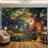 2D Fairy Tale Treehouse Tapestry, Magical Forest Pond and Butterflies Wall Hanging, Fantasy Backdrop 47.2x31.5inch/120*80cm