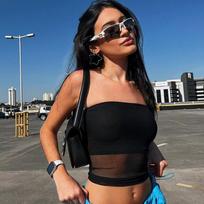 Women's Off The Shoulder Sleeveless Tube Top Slim Fit Solid Mesh Patchwork Crop Top Sexy Y2K Streetwear Tank Top S