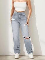 Women's Mid Rise Straight Leg Jeans Vintage Washed Ripped Loose Slim Denim Trousers Hip Hop Streetwear Long Pants XS