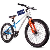 Kalnų dviratis MTB 24 colių berniukams ir mergaitėms Pirmosios komunijos proga, Shimano 7 pavaros su amortizatoriumi, plačios padangos, Calix balta-mėlyna