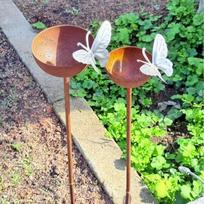 Freestanding Rusty Metal Bird Feeder Ground Insert Rain Catcher Bird Bath  Lawn Yard Art Butterfly