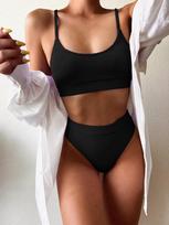 European & American Ribbed U-Neck High-Waisted Halter Bikini - Sexy Vacation Women's Swimsuit Large