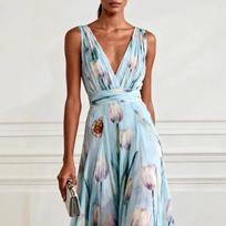 2026 blues tulip print evening dress women's sleeveless V-neck chiffon dress banquet temperament elegant gift S