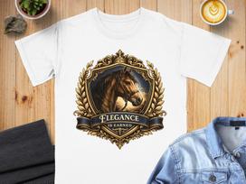 Regal Horse Elegance T-Shirt, Majestic Equestrian Shield Design, Golden Crown Motif, Noble Saying Apparel, Sophisticated Gift 3XL