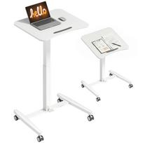 Height-Adjustable Standing Desk, Rolling Desk with Tiltable Tabletop, Safety Stopper, Wheels, White 60.5 x 52 x 114 cm balta