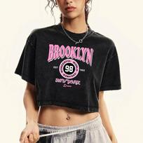 Brooklyn Nuostabus Pasaulis Svajotojas Spaudiniai Moteriški skalbti ploni marškinėliai Vasariniai apvalia kaklo iškirpte marškinėliai Madingas Retro trumpas viršus M