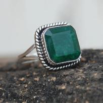 Square Raw Emerald Sterling Silver Ring: Faceted Birthstone Jewelry 5