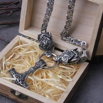 Viking Men Thor Hammer Necklace with Open Mouth Wolf Head Mjolnir Gift in Wooden Box Never Fade 70cm